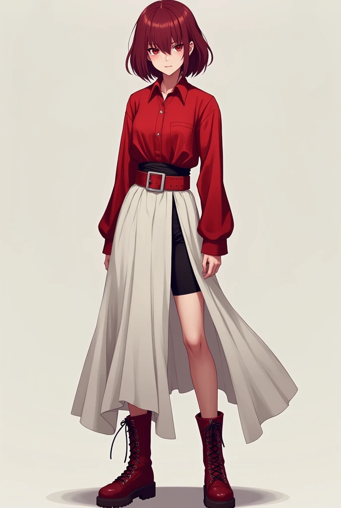 girl, very dark red hair short , dark red long sleeve shirt ,  dark red belt to adjust the white skirt that reaches the knee, black spandex shorts under the skirt , dark red boots . 