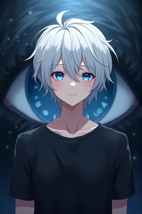 Anime boy blue eyes white hair black t-shirt bear eye stand