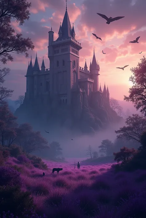 Large castle in twilight with nocturnal animals around dark world purple grass and trees