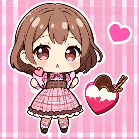 Valentine、heart、like、 chocolate、 pink and brown check dress、Chibi、