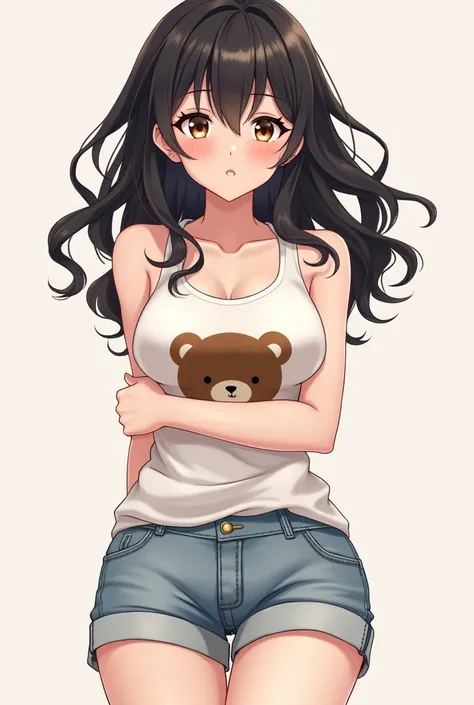 a cute girl (anime), black wavy hair, dark brown eyes , Big breasts ,Tank top with a print of little bear , comfortable shorts, crossing arms and inflating cheeks for the spectator.