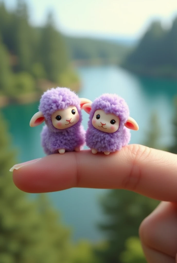 A close up of 2 cute tiny lilac sheep being gently held by a human finger. He is very small, e fofo. The background is blurred with a forest and a lake behind it 