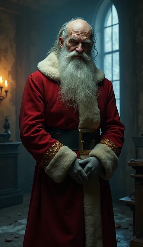 Create a highly realistic illustration of Santa Claus, but with an unsettling air of mystery that inspires distrust. His expression is ambiguous—his lips curl into a faint, unreadable smile, but his sharp, narrowed eyes seem to study the viewer with calcul...