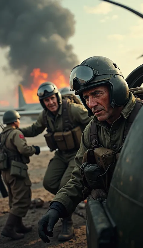 A cinematic view of Welch and Kenneth Taylor hastily strapping into their planes, shouting orders to ground crews as smoke and fire rage around them.