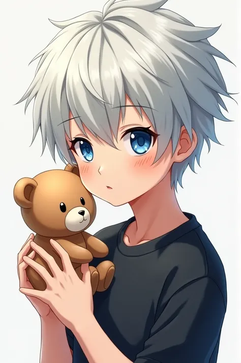 Anime boy, blue eyes, white hair, black t-shirt, holding a teddy bear.