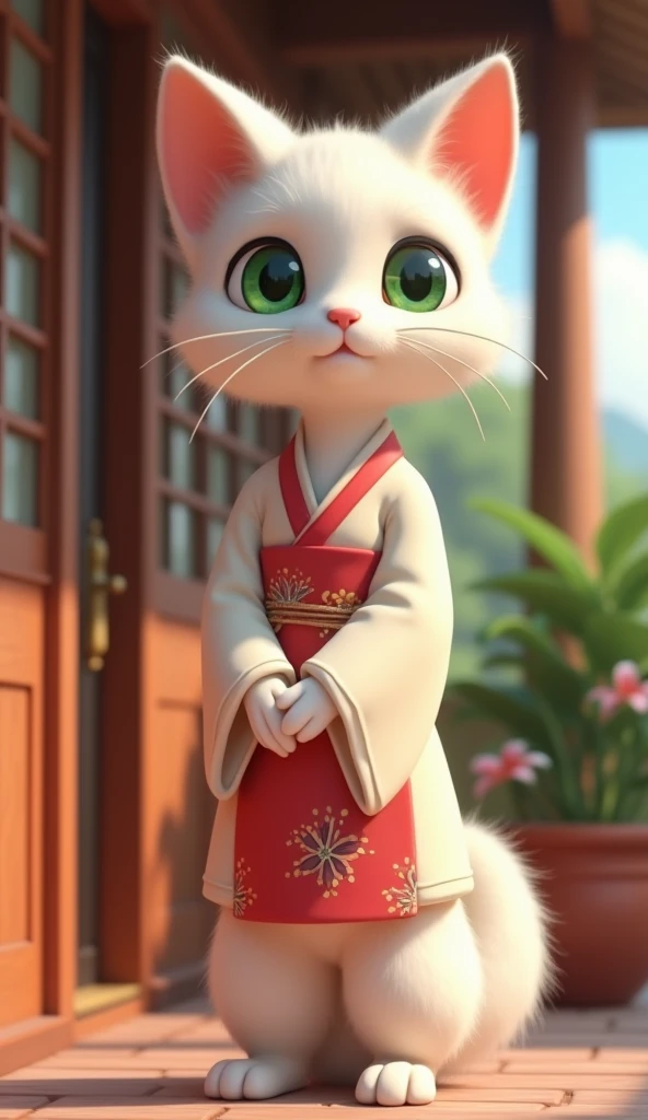 " High quality 3D rendering of beautiful and sexy female teen cat kira kira 20 year old anthropomorphic white hairy woman with expressive green eyes, wearing traditional korean clothes .  was standing facing the closed door of the house, as if he were knoc...