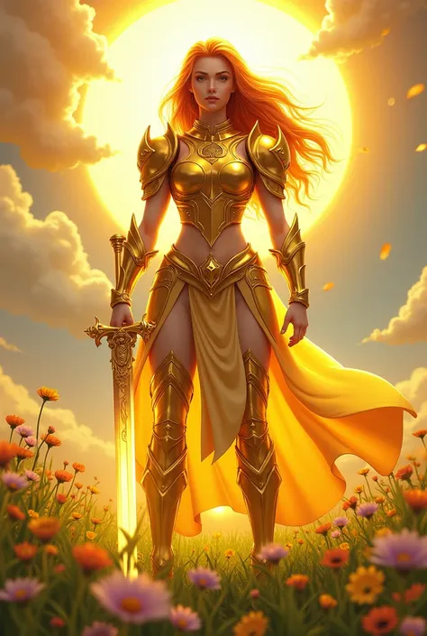 buff female sun themed summer paladin with copper colored hair  wearing golden armor and a golden sword with a cherubic face standing in a lush sunny field with colorful spring wildflowers