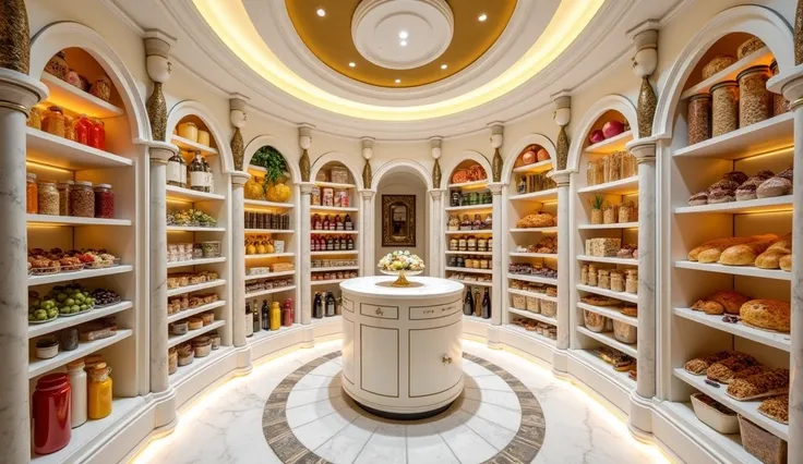 Large circular wide luxury walk-In white and gold pantry filled with containers of fruits, vegetables, nuts, seeds, beans, cereal boxes, breads, muffins, grains, pastas, juices, condiments, wine bottles, salt bottles, sugar bottles, pepper bottles. Spirali...