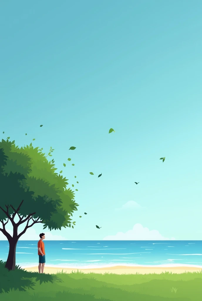  A minimalist illustration of a sunny day with a clear blue sky .  A large, leafy tree stands on one side of the image ,  with the silhouette of a man standing under its shade ,  observing a serene ocean that occupies the horizon .  Some leaves of the tree...