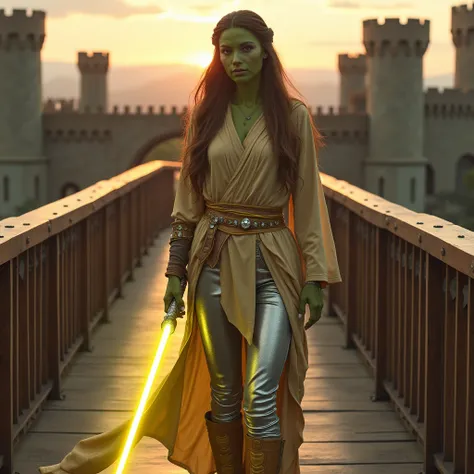 A woman with green skin .  With some small black tattoos on her face .  With long brown hair .  She wears gold and silver Jedi tunics .  wears silver leggings . She wears gold-colored boots .  She wears a single-leaf lightsaber of yellow color .  She is st...