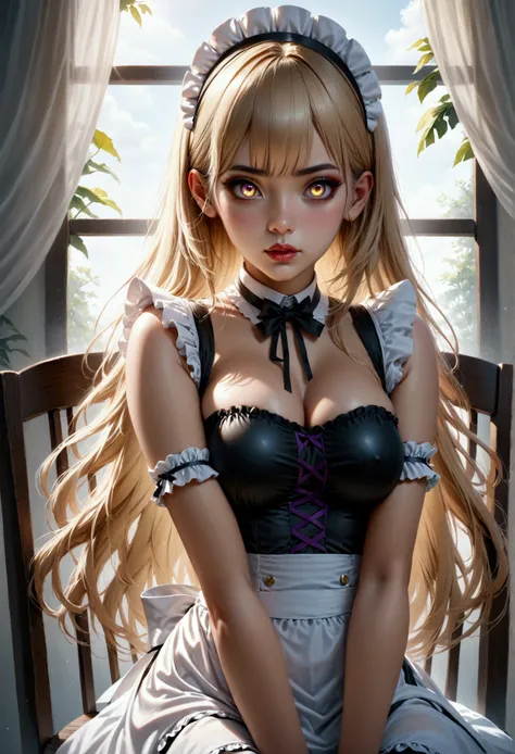 (masterpiece, aesthetic, detailed eyes, realistic), 1girl, mahiru shiina, angel next door spoils me rotten, Long smooth straight golden hair, purple to golden gradient eyes,large bust, large hips, slim waist,sitting in chair in maid clothes, super detail, ...