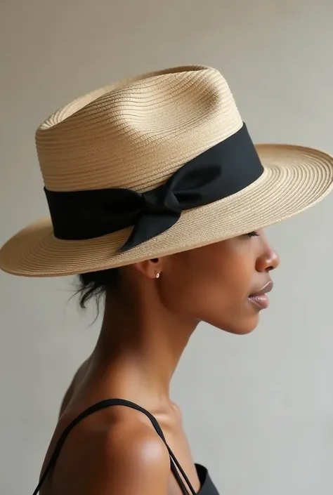 hat made from balsa wood waste with a black ribbon for decoration 