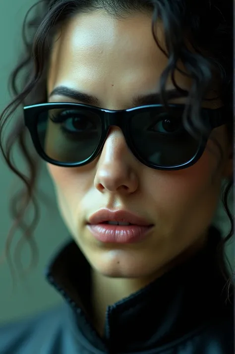 Create a realistic macro photo image of Trinity from the movie Matrix using black glasses 