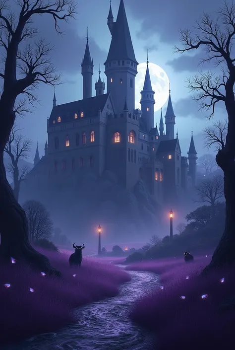 Large kingdom castle in twilight with nocturnal animals around dark world purple grass and trees nighttime castle town