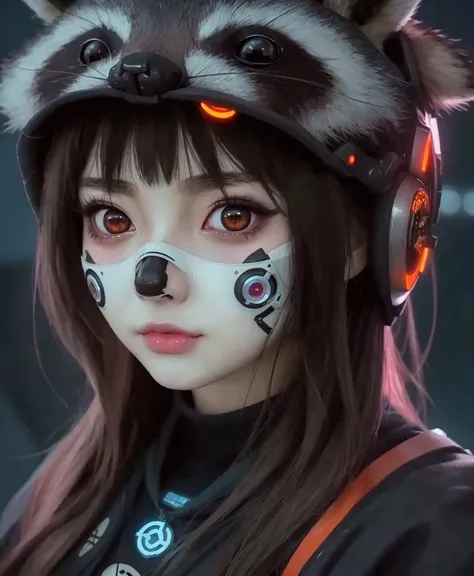 Anthropomorphic raccoon,a close up of a girl with a raccoon on her face, anime style 4 k, artwork in the style of guweiz, beautiful cyberpunk girl face, digital cyberpunk anime art, cyberpunk anime girl, cyberpunk anime girl in hoodie, wojtek fus, portrait...