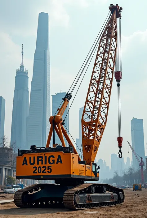 Crawler crane carrying a sign that says AURIGA 2025