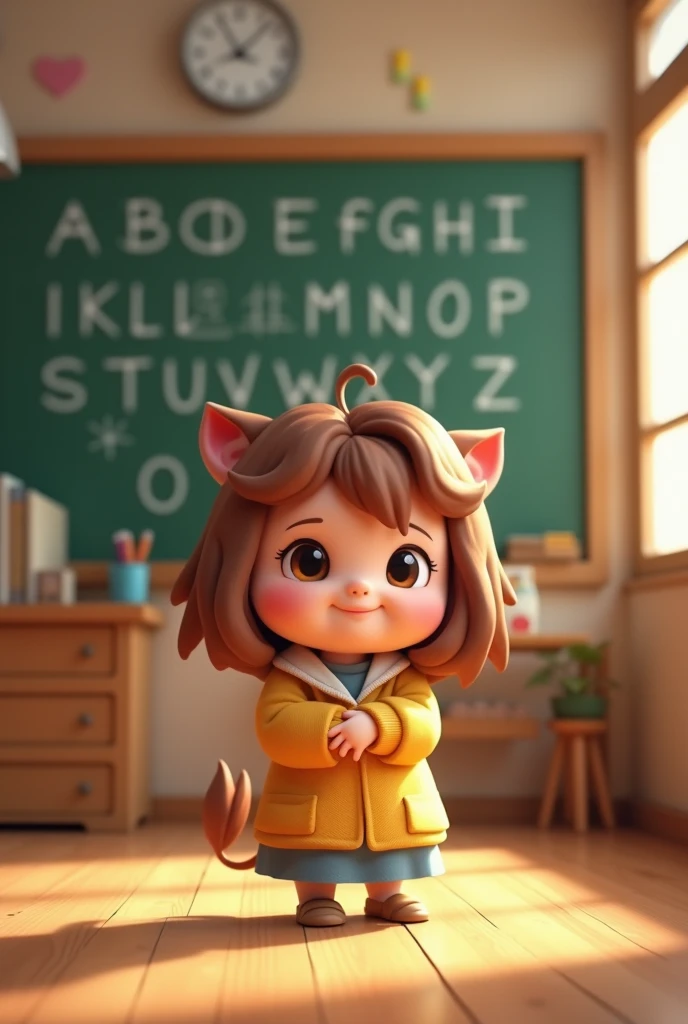 Create an image of a  with light brown wavy hair ,  dark brown eyes , Half , fofo , in a classroom with an alphabet on the wall next to a Pixar Disney 3D chalkboard 