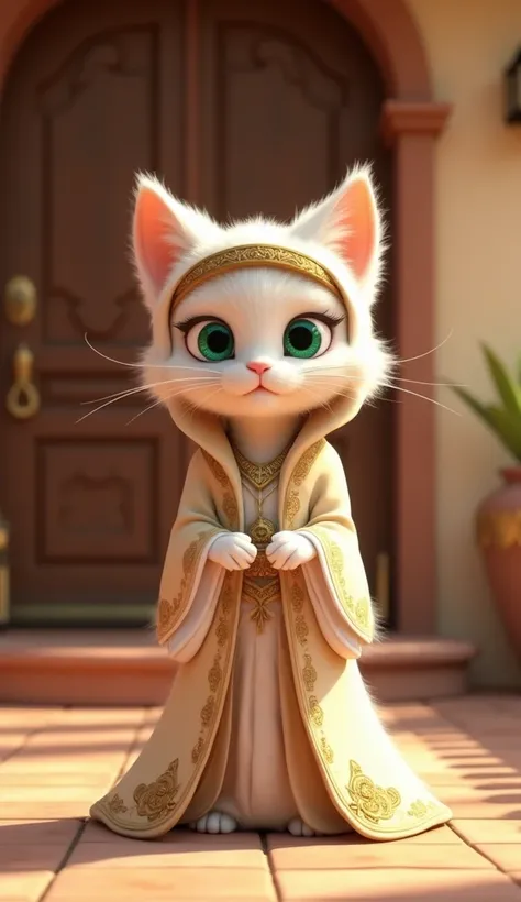 " High quality 3D rendering of beautiful and sexy female teen cat kira kira 20 year old anthropomorphic white hairy woman with expressive green eyes, wearing traditional saudi arabian clothes .  standing in front of a closed door, as if he were knocking on...