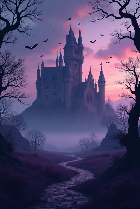 Large kingdom castle close up in twilight with nocturnal animals around dark world purple grass and trees nighttime castle town