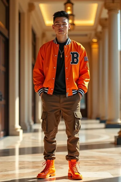  Full from a distance Indonesian asian guy 27 years old short haired fast sweet macho. wears baseball jacket ,  wears brown ash cargo pants and wears shiny bright orange high heels. Full of distant medium cute style in the middle of urban luxury . Real pic...