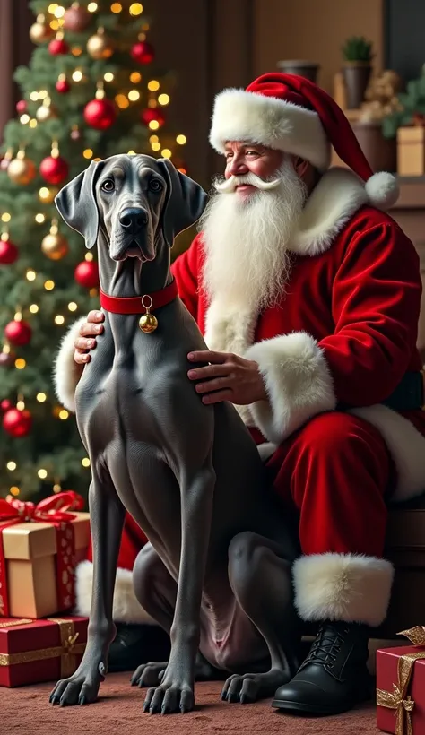 Ultra realistic image A majestic Great Dane, Rodolfo, with a uniform gray coat, sitting confidently next to a traditional Santa Claus in a cozy Christmas setting. Rodolfo stands tall, his elegant posture emphasizing his impressive height of 118 cm. Santa, ...