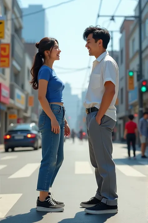 A Korean woman is with a tied hair, wearing blue short sleeved tight top, jeans, and black sneakers. The woman has a tall, huge and muscular figure. A Korean man is wearing white loose short sleeved button up shirt, grey high waisted long pants, and black ...