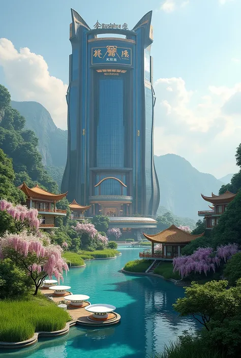 Generate a futuristic big hotel building and on top slight variation of Chinese buildings with the logo RUSDHY CITY, Daytime, plant and antique hut rooftop, (((white and pink wisteria flowers))), Fountain in pool, (((Adjacent to the highway))), ((highway i...