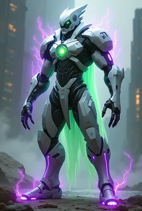 a humanoid monster, cybernetic warrior with a sleek and futuristic design, embodying both technological and psychic power. Its armor is primarily silver and white, accented with glowing purple and green energy lines that pulse across its body, emphasizing ...