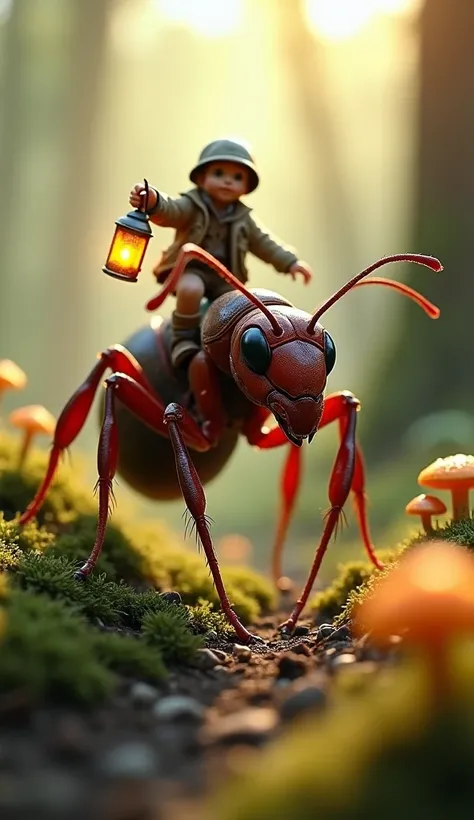 Macro photograph of a tiny explorer with a rugged outfit and a glowing lantern, riding on the back of a large ant. The explorer points forward with determination while holding a tiny map. The ant’s glossy exoskeleton is detailed against the soft, earthy to...