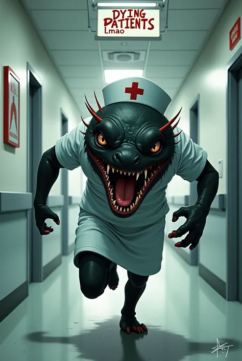 A black demon with an axolotls head in a nurses costume running forward from the screen in a hospital with a sign above that has the following text: "Dying Patients lmao "