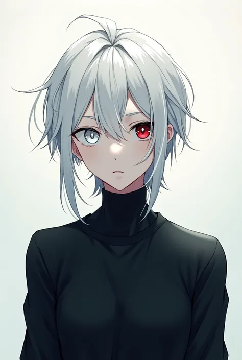 An anime-style character short white hair tied with bangs, Long black shirt, a white eye and a red eye
Male character  

