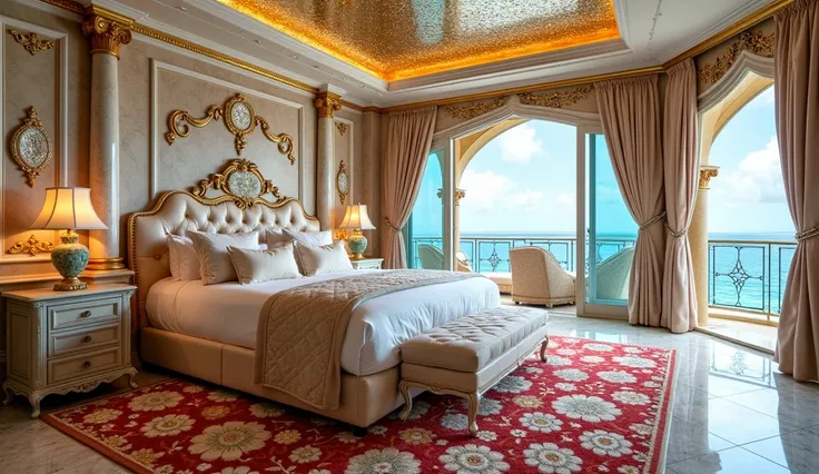 Luxury king size bed surround by roses. Glamorous bedroom with marble columns embedded with diamonds, gold and aquamarine. Glittering crystal and gold ceiling. Crystal lace floral carpet. Floor tiles inlaid in with diamonds, amethyst, ruby, moonstone, opal...