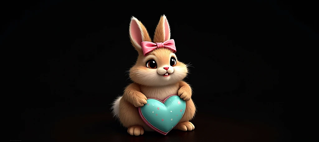 A cute bunny wearing a pink bow and holding a heart-shaped box of chocolates with a plain white background. 