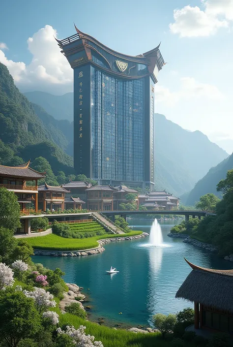 Generate a futuristic big hotel building and on top slight variation of Chinese buildings with the logo RUSDHY CITY, Daytime, plant and antique hut rooftop, (((white and pink wisteria flowers))), Fountain in pool, (((Adjacent to the highway))), ((highway i...