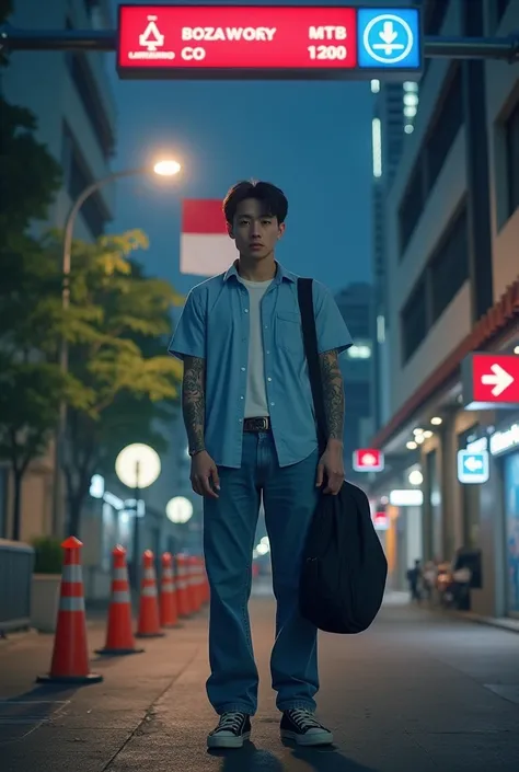 "A Korean man with tattoos on his arms stands confidently at the entrance of the POS BOY MRT station, illuminated by soft lighting. He is casually dressed in a light blue shirt and jeans, carrying a guitar in a sleek black bag slung over his shoulder. His ...