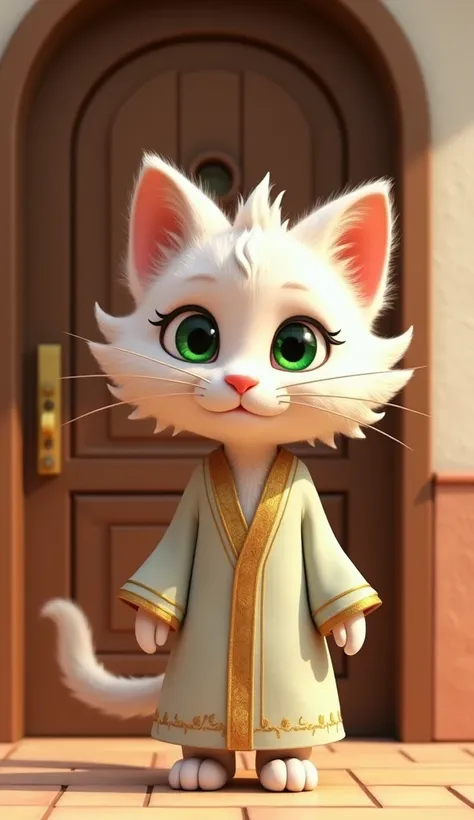 " High quality 3D rendering of beautiful and sexy female teen cat kira kira 20 year old anthropomorphic white hairy woman with expressive green eyes, wearing traditional saudi arabian clothes .  standing in front of a closed door,  as if it were knocking o...