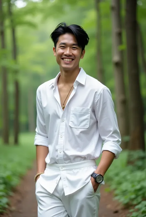  a handsome javanese looking k pop ,white shirt and panties,long pants,Forest background""" A handsome Javanese in K-pop appearance ,  white shirt and pants , long pants, Forest background.  He stands confidently ,  her black hair glistened in the wind .  ...