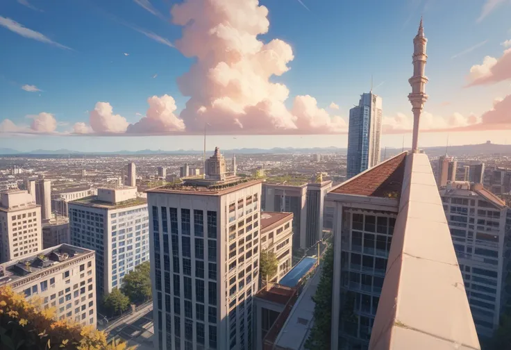 quality, semi-realistic anime, masterpiece, best quality, detailed picture, HD32k, outdoors, rooftop, morning, blue sky, cityscape, 9:35 AM