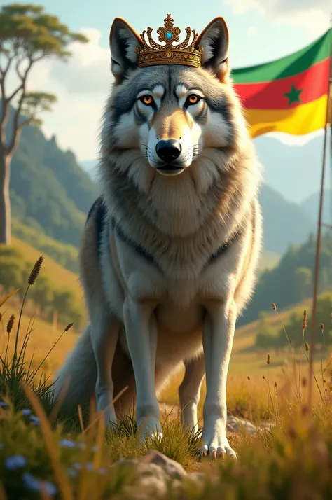 A wolf with a crown in a Senegal valley with the flag 