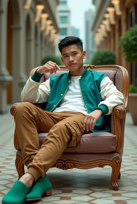  Full from a distance Indonesian asian guy 27 years old short haired fast sweet macho. Wearing a blue green and white baseball jacket, wear brown ash cargo pants and wear green high heels . Full of distant being sat reclining cute style while fingering nun...