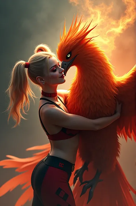 Harley Quinn hugging a Phoenix