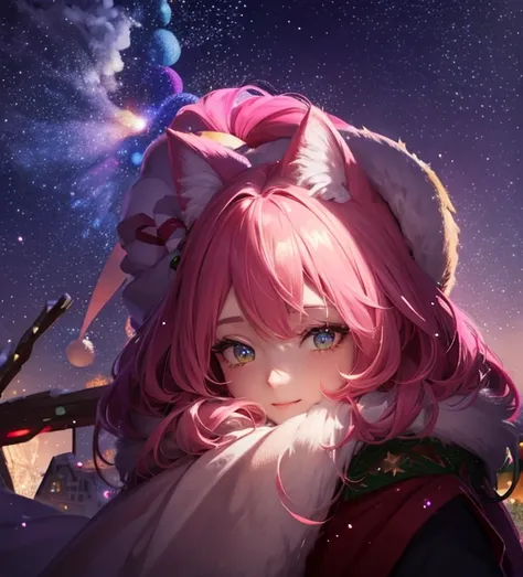 8k colorful Christmas Santa costume goddess, snowy beauty, cat ears, pink hair, fantasy background, 1 person, happy, shining Christmas tree, snowscape, bust up, stars shine