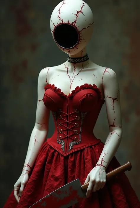 A human-sized curvaceous female porcelain doll with a faceless head, pitch-black concave hole center of head, adorned in red charmian womens sexy strapless floral embroidery gothic corset with lace skirt, visible big cracks all over her body, wielding a la...