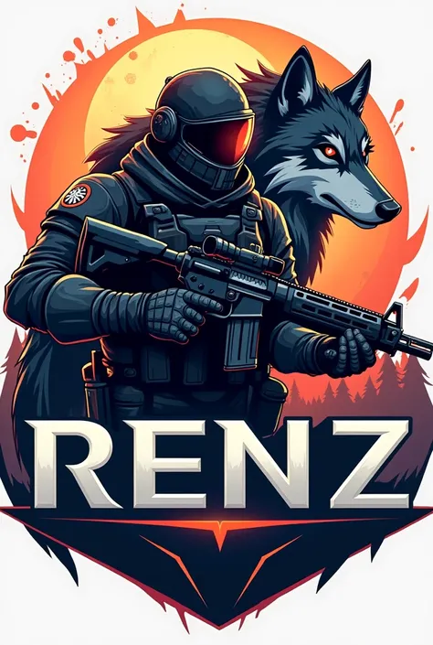 A gamer logo with a cool soldier, a wolf in the background and has RENZ in it