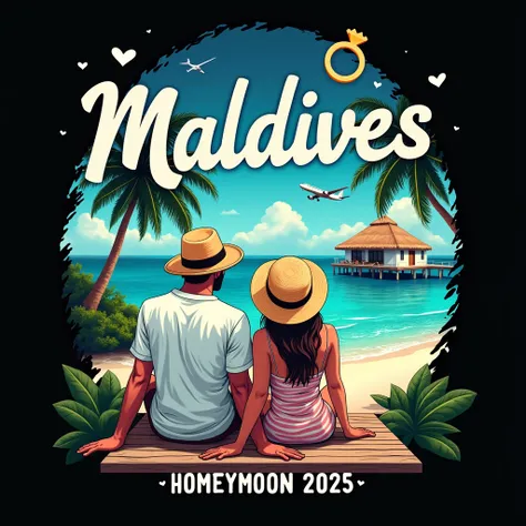 black background,modern creative,playful,vibrant colors,travel poster style t shirt design featuring In the foreground,depict a couple(men and woman) from behind wearing sun hats,sitting on a boardwalk,back to viewer,enjoying the view.Add text "MALDIVES" i...