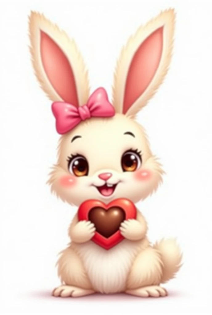 A cute bunny wearing a pink bow and holding a heart-shaped box of chocolates with a plain white background. 