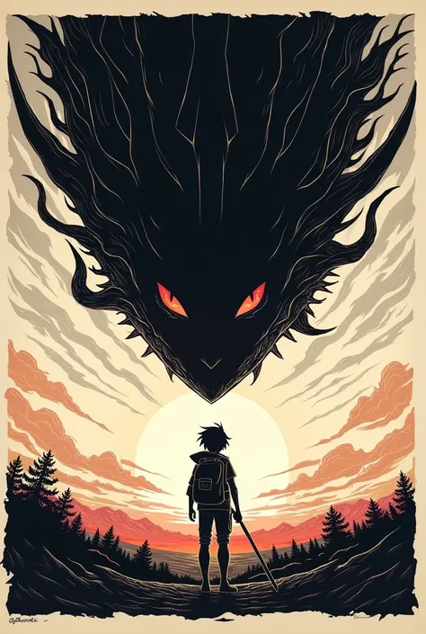 Make a woodcut illustration of a Pokémon trainer looking at the horizon at a giant dark figure that covers the sun, with red eyes