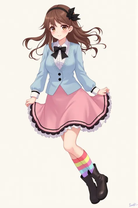 digital paper of a brunette  girl, browns eyes, loose hair with a black bow, she is wearing a light blue long-sleeved blouse, pink skirt with black lace on the edge of the skirt, rainbow socks and boots black, with one leg slightly thrown back,cute style,h...