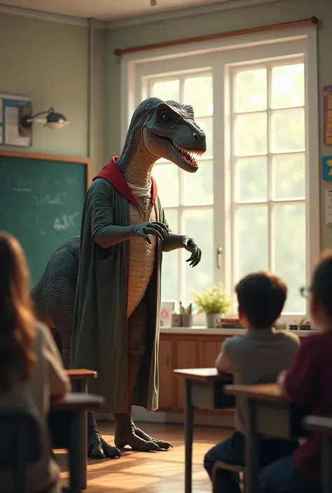 Dinosaur in a classroom as a teacher.