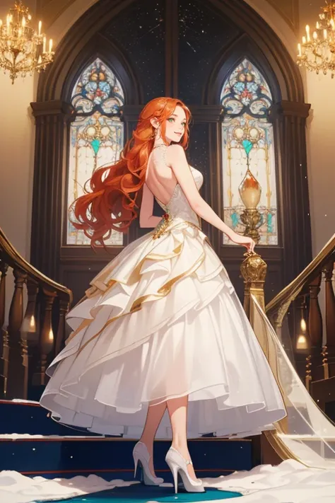 masterpiece, best quality, realistic, 1woman, mature female, beautiful, extremely detailed face, ((green eyes)), ((long red-orange hair, long wavy hair, elegant  braid down her back), , ((wearing white ball dress that sparkles under the lights, figure fit ...